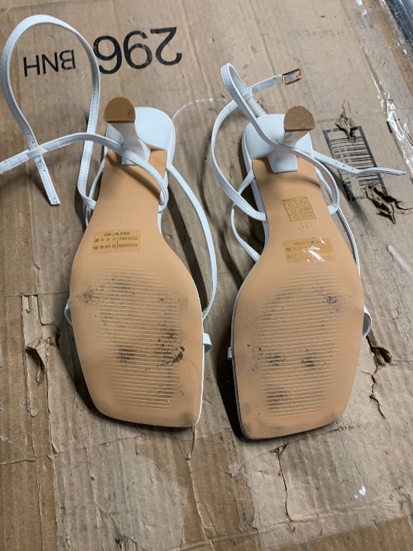 Photo 1 of ***(HEAVILY U SED/ MINOR DAMAGE)***DREAM PAIRS Women's kitten Low Strappy Lace Up Heels Open Square Toe Thong Ankle Strap Heels Sexy Fashion Comfort Dress Shoes Party Sylvestra Pumps Heeled Sandals,Size 11,White-Pu,SDHS2405W