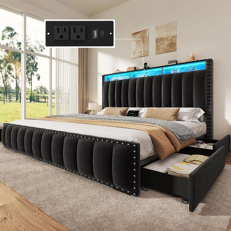 Photo 1 of DWVO King Size Bed Frame with 4 Storage Drawers and RGB LED Lights, Velvet Upholstered Platform Bed with Charging Station and Bookcase Storage Headboard, No Box Spring Needed, Easy Assembly, GREY