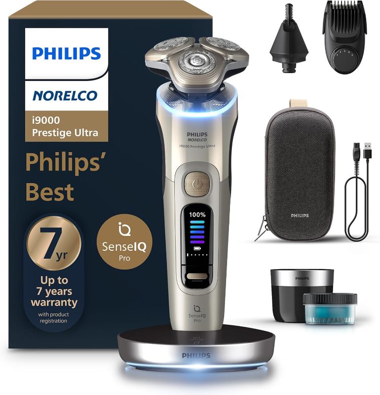 Photo 1 of Philips Norelco Shaver i9000 Prestige Ultra, Wet & Dry Electric Shaver, White Gold, SenseIQ Pro Technology, Triple Lift & Cut System, 360 Rotating NanoTech Precision Blades, Beard Styler, XP9403/88
