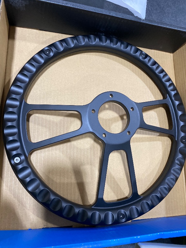 Photo 1 of 5-bolt Black Steering Wheel 14 Inch Aluminum with Black Vinyl Wrap and Chevy Horn Button