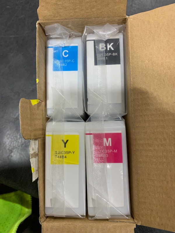 Photo 1 of SJIC35P Ink Cartridges with New Chip Remanufactured for SJIC35P SJIC35P-BK SJIC35P-C SJIC35P-M SJIC35P-Y for ColorWorks CW-C6000P CW-C6500A CW-C6500P CW-C6000A CW-C6500PU Color Inkjet Printer, 4-Pack