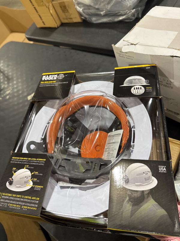 Photo 1 of Klein Tools 60401T2 Type 2 Hard Hat, Vented Full Brim, Class C Hard Hat with Chin Strap, 6-Point Suspension with Accessory Mounts and Washable Padding