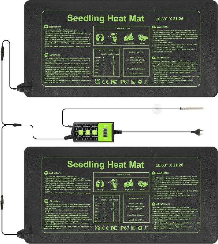 Photo 1 of Seedling Heat Mat 10X20.75`` with Thermostat Durable Waterproof Warm Hydroponic Plant Heating Pad Temperature Controller Auto Off Timer for Seed Starting Germination Plant Propagation (2 Heat Pad)
