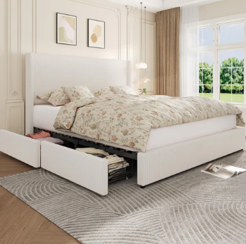 Photo 1 of Garvee Bed Frame King Size with 4 Storage Drawer, Bed Frame with Headboard and Corduroy Vertical Channel Tufted Wingback, Sturdy Wooden Slats Support, Noise Free, Beige