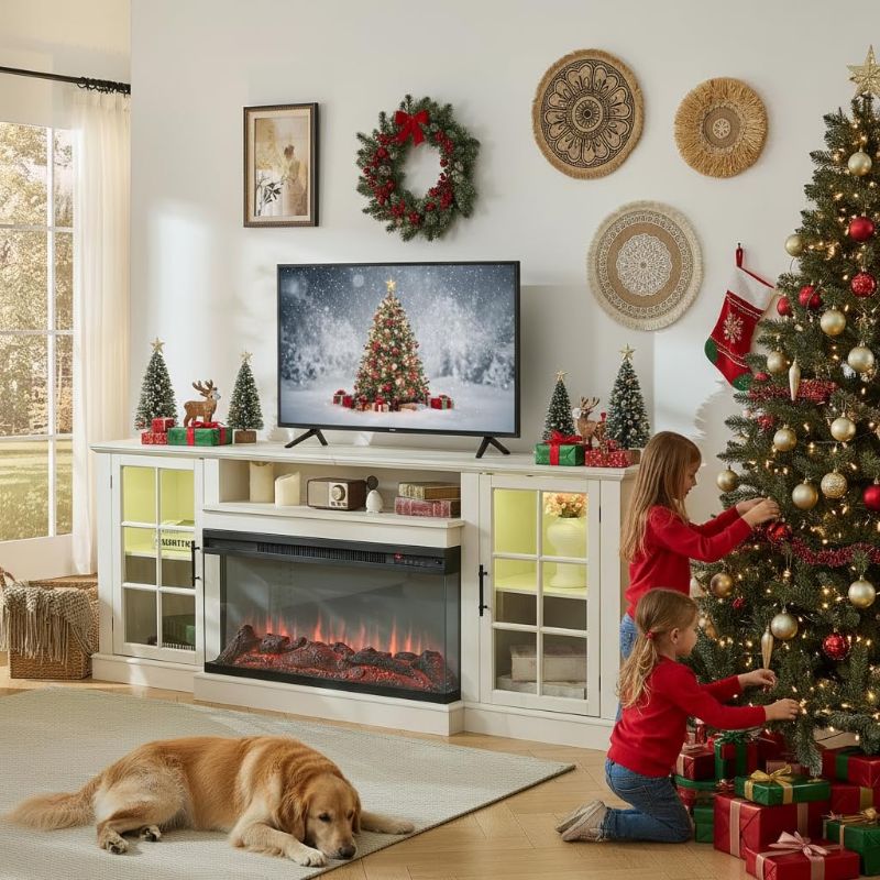 Photo 1 of ROCKPOINT 80 Inch TV Stand Entertainment Center with 3-Sided Glass ,36 Inch Electric Fireplace,White - Furniture