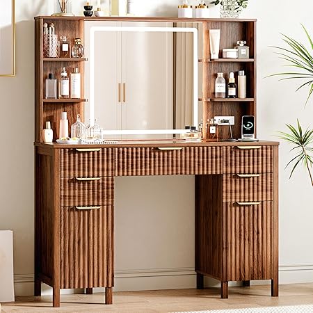 Photo 1 of Vanity Desk with Large 27.2" Mirror and Lights 47.2" Fluted Makeup, 5 Drawer Vanity with Power Strip, 4 Open Shelves, 2 Cabinet, Modern Bedroom Vanity Featuring Visual Transparent Glass. Brown