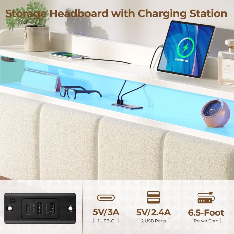 Photo 1 of Rolanstar Bed Frame Full Size with Charging Station and LED Lights, Upholstered Headboard with Storage Shelves, Heavy Duty Metal Slats, No Box Spring Need, Noise Free, Easy Assembly, White