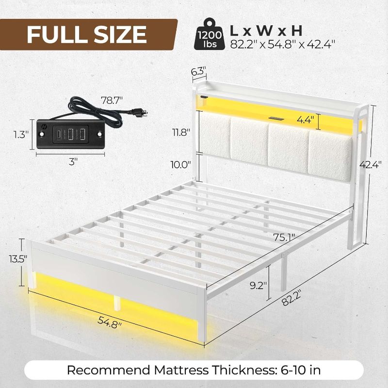 Photo 1 of Rolanstar Bed Frame Full Size with Charging Station and LED Lights, Upholstered Headboard with Storage Shelves, Heavy Duty Metal Slats, No Box Spring Need, Noise Free, Easy Assembly, White