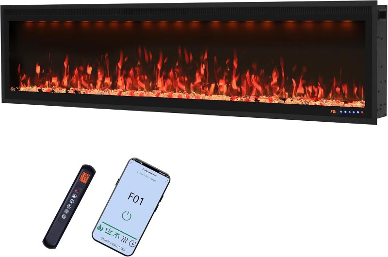Photo 1 of Valuxhome 74” Electric Fireplace Wall Mounted and Recessed, Ultra-Thin Fireplace Insert Indoor, Adjustable Flame and Light, Crysral & Log, 507 Color Combinations, App, Touchscreen and Remote Control
