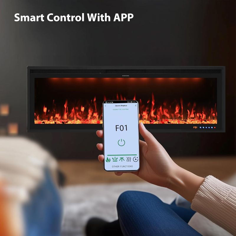 Photo 1 of Valuxhome 74” Electric Fireplace Wall Mounted and Recessed, Ultra-Thin Fireplace Insert Indoor, Adjustable Flame and Light, Crysral & Log, 507 Color Combinations, App, Touchscreen and Remote Control
