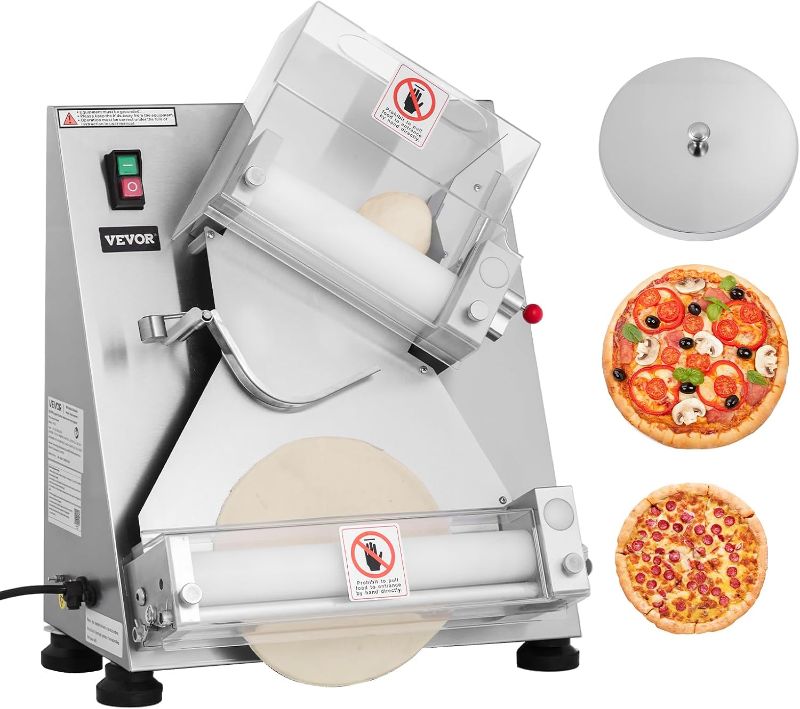 Photo 1 of VEVOR Commercial Pizza Pasta Machine Diameter 3 to 12 Inch, Electric Dough Roller 370W 260 Hour Adjustable Stainless Steel
