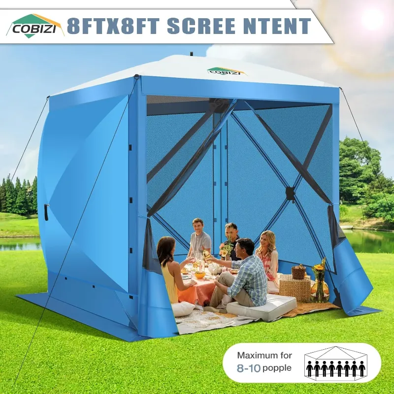 Photo 1 of COBIZI 8x8 Pop up Gazebo Tent, Ez up Screen House, Portable Outdoor Canopy with 3 Sidewalls, Carry Bag & Ground Stakes for Camping, Cerulean Blue