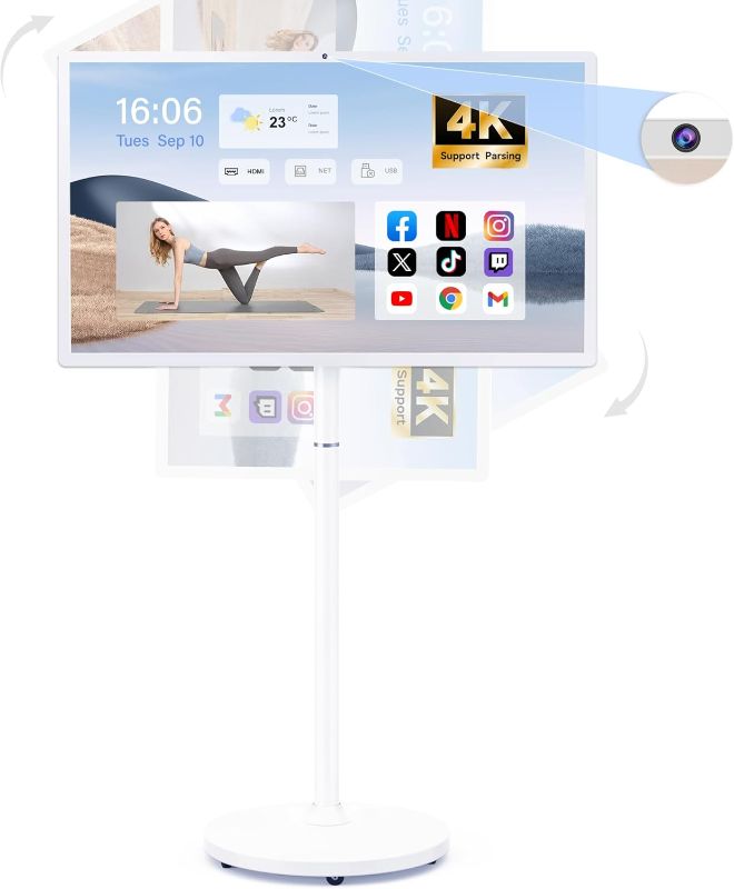 Photo 1 of 32-Inch Portable Smart TV on Wheels with Touch Screen Monitor | 8G RAM +128G Storage | 8-core CPU Qualcomm | Built-in 6-8H Battery | 8MP Webcam | Android 13 OS | Full Swivel Rotation | Remote Control