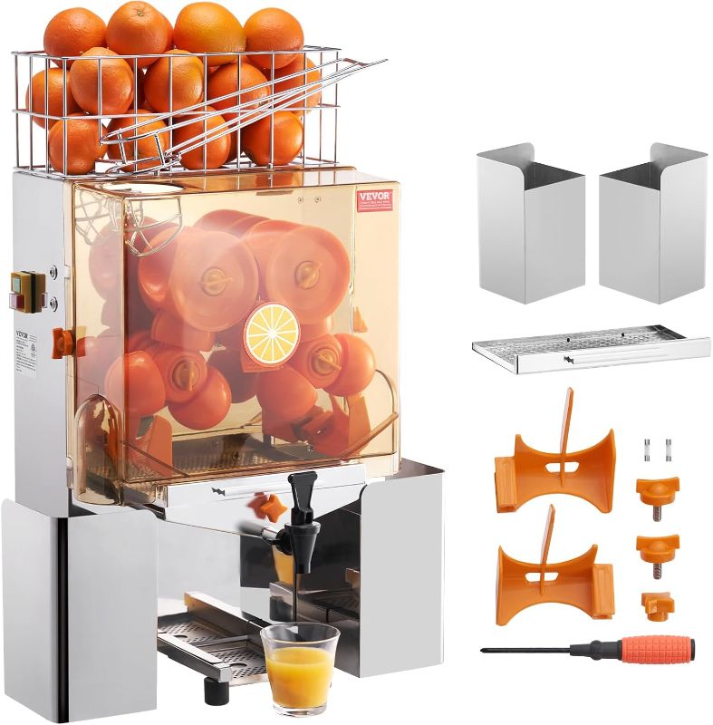 Photo 1 of VEVOR Commercial Orange Juicer Machine, 120W Automatic Juice Extractor with Water Tap, Stainless Steel Orange Squeezer 20 Oranges/Minute, with Pull-Out Filter Box, PC Cover, 2 Peel Collecting Buckets