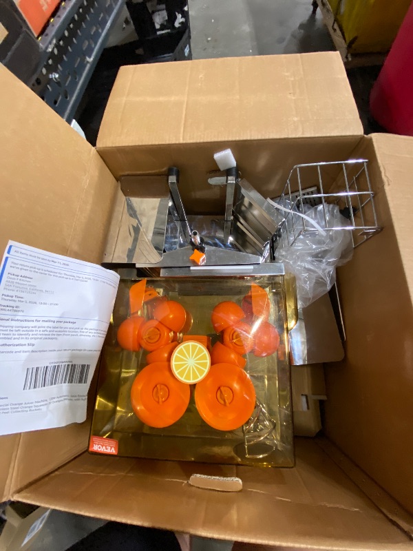 Photo 1 of VEVOR Commercial Orange Juicer Machine, 120W Automatic Juice Extractor with Water Tap, Stainless Steel Orange Squeezer 20 Oranges/Minute, with Pull-Out Filter Box, PC Cover, 2 Peel Collecting Buckets