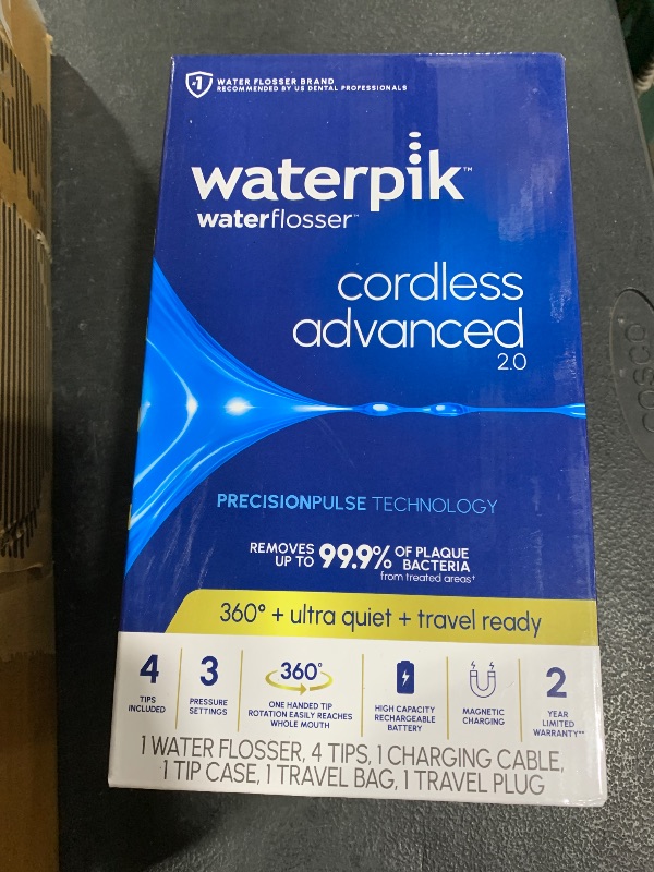 Photo 1 of Waterpik Cordless Advanced 2.0 Water Flosser For Teeth, Gums, Braces, Dental Care With Travel Bag and 4 Tips, ADA Accepted, Rechargeable, Portable, and Waterproof, White WP-580, Packaging May Vary