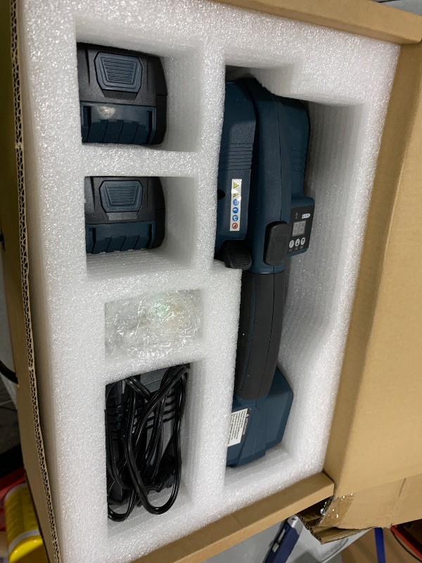 Photo 1 of Flyrivergo Electric Strapping Machine 2 x 4000mAh Battery, Automatic Strapping Tool Banding Machine for 1/2-5/8in PP PET Straps Digital Display Tensioner Kit for Warehouse Pallet & Box Packaging