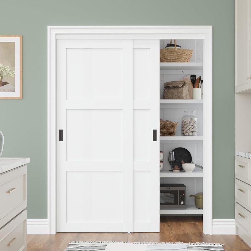 Photo 1 of Bypass Solid Core Sliding Closet Door 60x80, Double Closet Panels with Hardware & Fascia, Interior Sliding Door with Effective Sound Reduction, No Assembly Required Panels