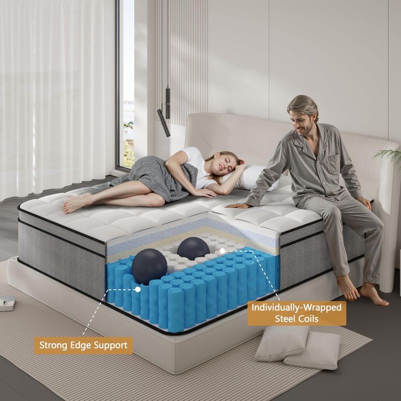 Photo 1 of King Size Mattress, Hybrid Memory Foam Mattress, Medium Firm for Side & Back Sleepers, Motion Isolation, Reinforced Edges, Targeted Back Support, No Fiberglass, Bed in a Box