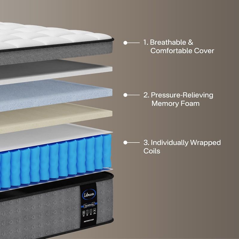 Photo 1 of King Size Mattress, Hybrid Memory Foam Mattress, Medium Firm for Side & Back Sleepers, Motion Isolation, Reinforced Edges, Targeted Back Support, No Fiberglass, Bed in a Box