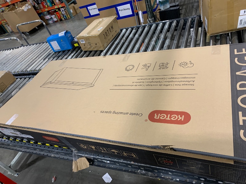 Photo 1 of COLOR GREY--MISSING PIECES------------------------Keter Westwood 150 Gallon Resin Large Outdoor Storage Box for Patio Furniture, Outdoor Cushions, Garden Tools and Pool Floats, Beige