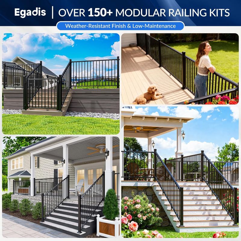 Photo 1 of Egadis 36 in. H x 32 ft. W Porch and Deck Railing Kit, Aluminum Railing Kit, Black Textured AAMA 2604 Powder-Coat Finish Rail System for Outdoor Decks, Porches & Balconies (4 Post, 4 Panel)