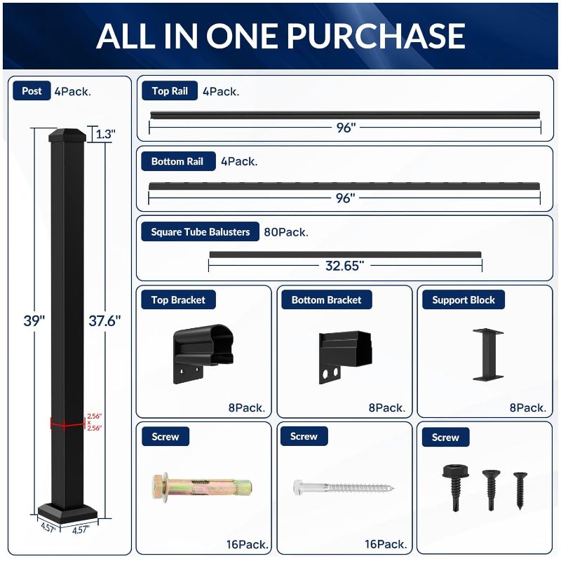Photo 1 of Egadis 36 in. H x 32 ft. W Porch and Deck Railing Kit, Aluminum Railing Kit, Black Textured AAMA 2604 Powder-Coat Finish Rail System for Outdoor Decks, Porches & Balconies (4 Post, 4 Panel)