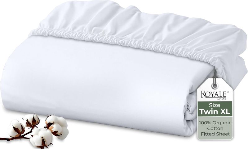 Photo 1 of 100% Organic Cotton Fitted Sheet - Percale Weave - Super Soft Deep Pocket Bottom Sheets - White Elastic Sheet Twin XL Size - Twin XL Fitted Sheets Only - (39"x80"+15", White)
