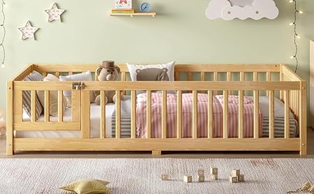 Photo 1 of Twin Size Floor Bed with Safety Fence & Door,Montessori Low Profile Bed-Frame with Wood-Slat Support & Guardrail,Solid Wood Platform Beds for Boys and Girls?No Box Spring Needed, Natural
