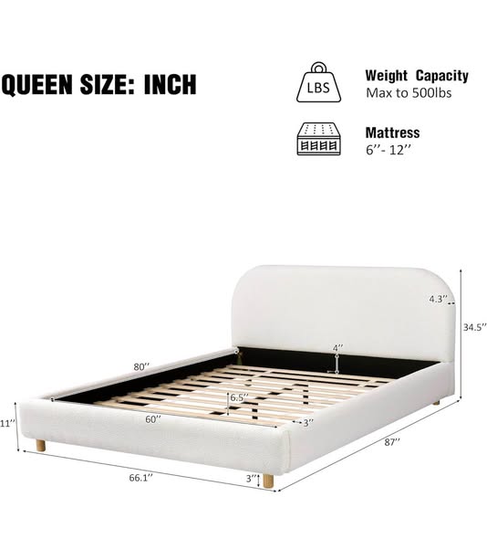 Photo 1 of Merax Queen Size Teddy Fleece Thick Fabric Upholstered Platform Bed with Curved Shaped Headboard, Wood Bed Frame with Solid Round Legs for Kids Teens Adults, White