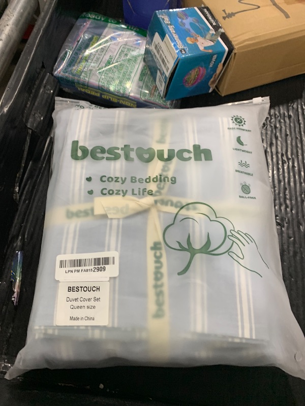 Photo 1 of BESTOUCH Duvet Cover Set 100% Washed Cotton Linen Feel Super Soft Comfortable Chic Lightweight 3 PCs Home Bedding Set Cornflower Blue & White Stripes Queen