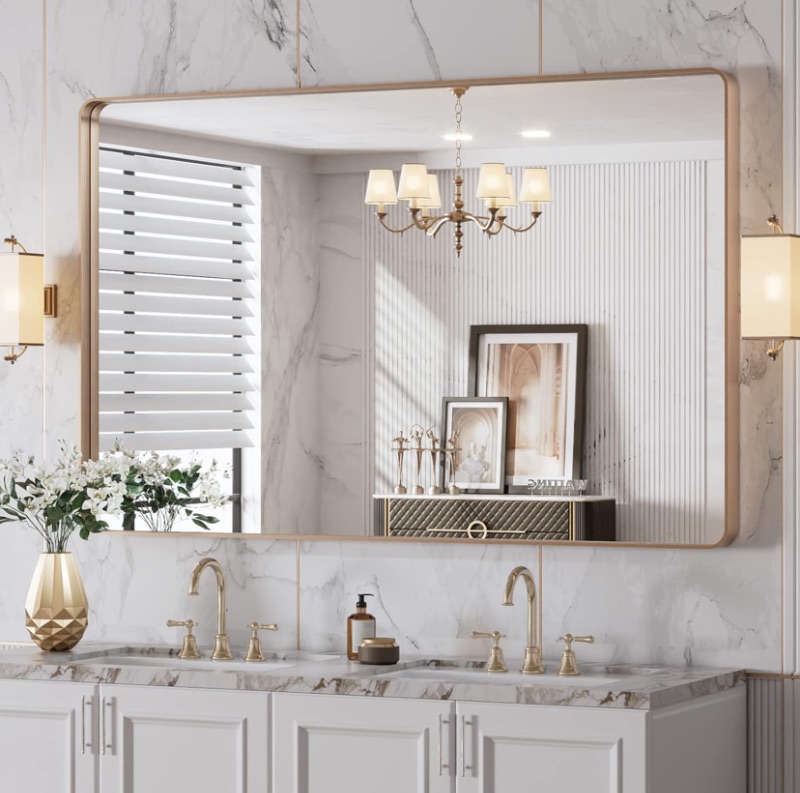 Photo 1 of ***PARTIAL SET - PRICE ADJUSTED***
LOAAO 48”X30” Gold Bathroom Mirror, Rounded Rectangle Gold Frame Mirror, Brushed Gold Bathroom Vanity Mirror Wall-Mounted, Anti-Rust, Tempered Glass, Hangs Horizontally or Vertically