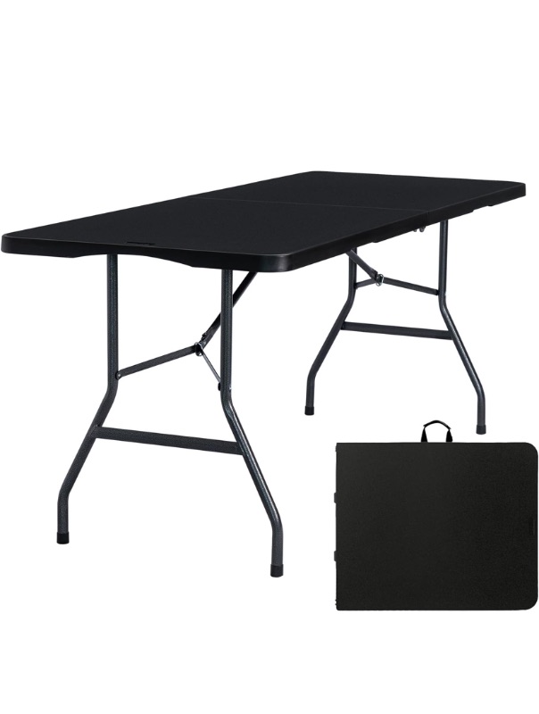 Photo 1 of ***STOCK PHOTO FOR REFERENCE ONLY***  Folding Table 6ft Portable Heavy Duty Plastic Fold-in-Half 6 Foot Foldable Table Utility Dining Indoor Outdoor with Carrying Handle for Camping Picnic and Party, Black
1K+ bought in past month