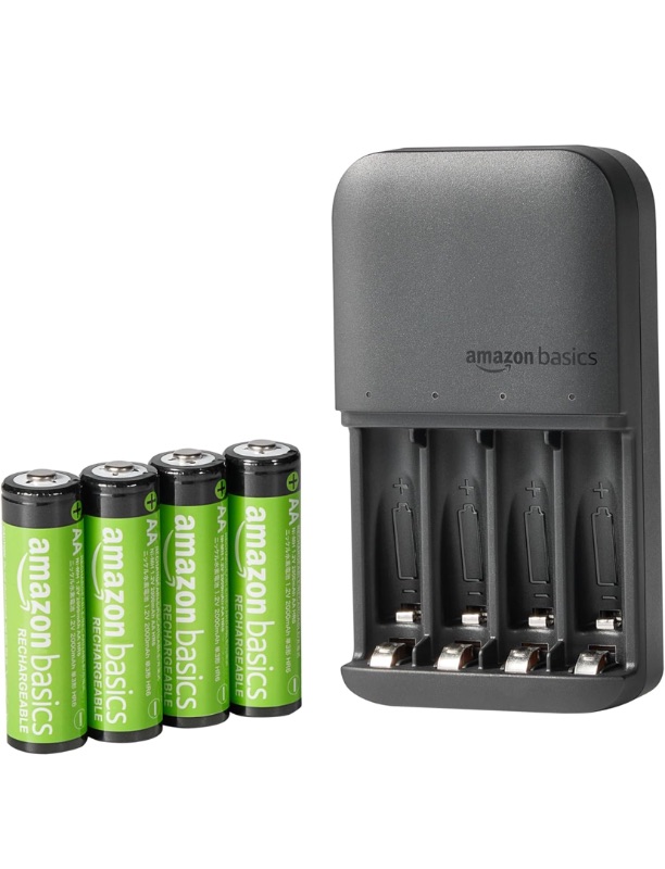Photo 1 of ***STOCK PHOTO FOR REFERENCE ONLY***Amazon Basics 4-Bay Battery Charger for AA & AAA Rechargeable Batteries with Rechargeable AA NiMh Batteries, 4 count (Pack of 1), Type A (American) Plug, Black
