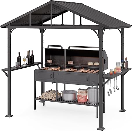 Photo 1 of ***BOX 3/4***Kurapika 8' x 5' Hardtop BBQ Outdoor Gazebo,Waterproof Sloping Roof, Bar with Tool Hooks, Smoke-Venting Iron Canopy for Patio, Yard,Garden,Familie Party