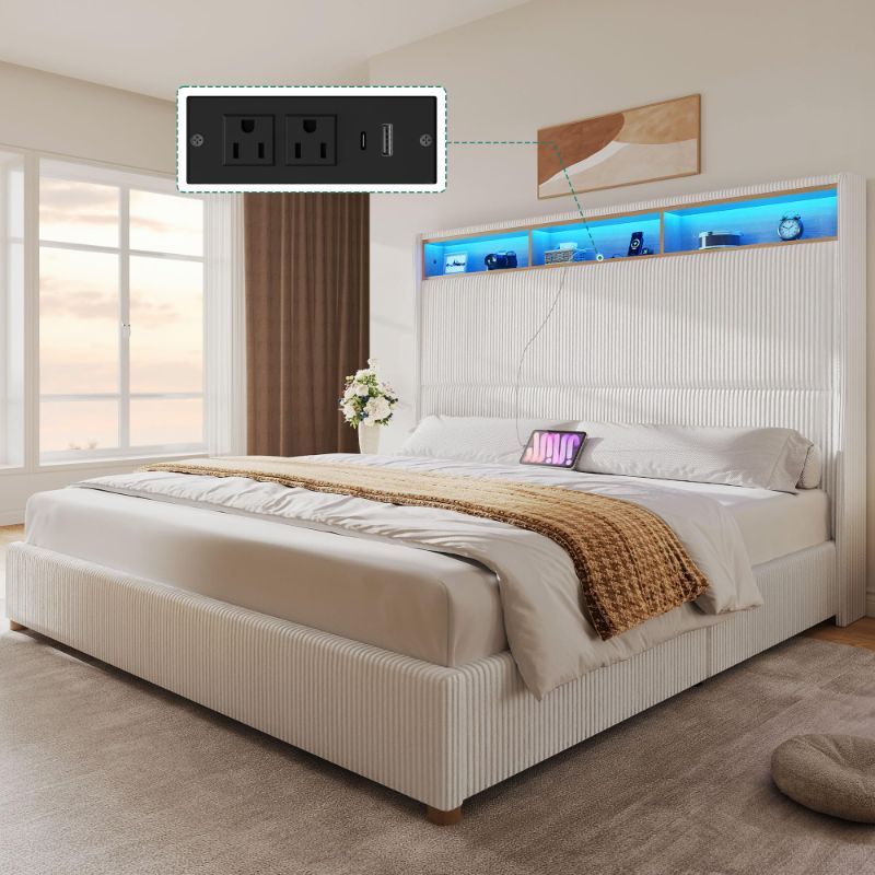 Photo 1 of ***BOX 1 OF 2***YITAHOME King Size Corduroy Upholstered Platform Bed Frame with Charging Station and RGB LED Lights, 53’’ Tall Storage Wingback Headboard, No Box Spring Needed, Easy Assembly, Noise-Free, White
***STOCK PHOTO FOR REFERENCE ONLY***
***PARTI