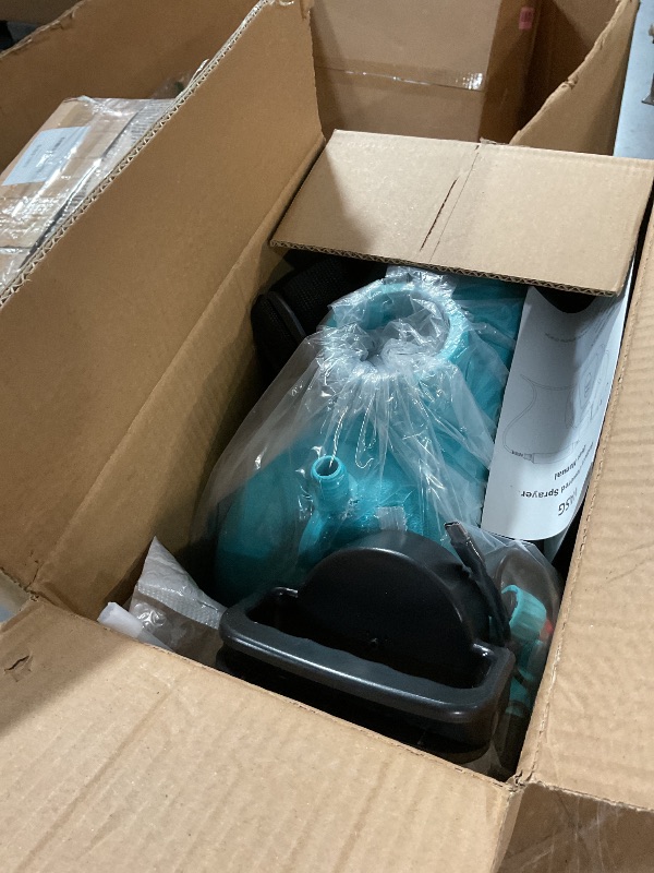 Photo 1 of ***(USED/ UNKNOWN IF MISSING PARTS)***2 Gallon Battery Powered Garden Sprayer, Electric Sprayer, Weed Yard Lawn Sprayers with 5 Mist Nozzles & Retractable Wand & Adjustable Strap for Lawn, Garden, Yard (Teal)