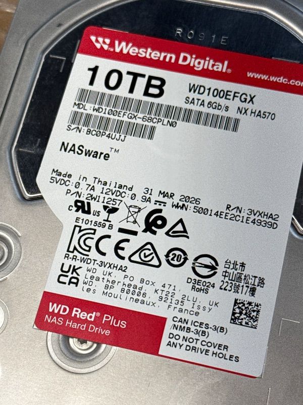 Photo 1 of **FACTORY SEALED** Western Digital 10TB WD Red Plus NAS Internal Hard Drive HDD - 7200 RPM, SATA 6 GB/s, CMR, 512 MB Cache, 3.5" - WD100EFGX