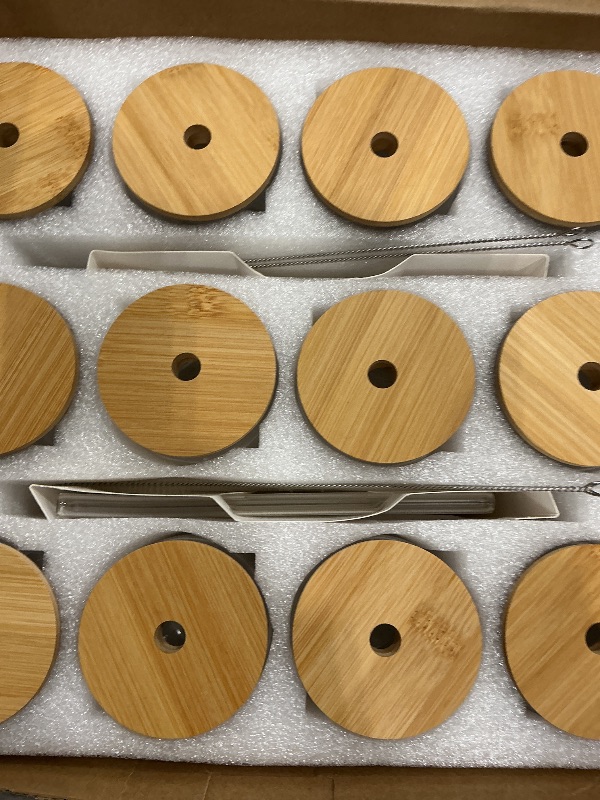 Photo 1 of [ 12pcs Set ] Glass Cups with Bamboo Lids and Glass Straw - Beer Shaped Drinking Glasses, 16 oz Iced Coffee Glasses, Cute Tumbler Cup for Smoothie, Boba Tea, Whiskey, Water - 4 Cleaning Brushes