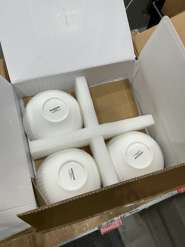 Photo 1 of ***MISSING ONE PLATE & ONE BOWL*** KINGSTONE 12-piece Bone China Dinnerware Set and 20-piece silverware, White Lightweight Porcelain for 4, Plates, Bowls with matching flatware, Microwave and Dishwasher Safe, for Family, Gifting
