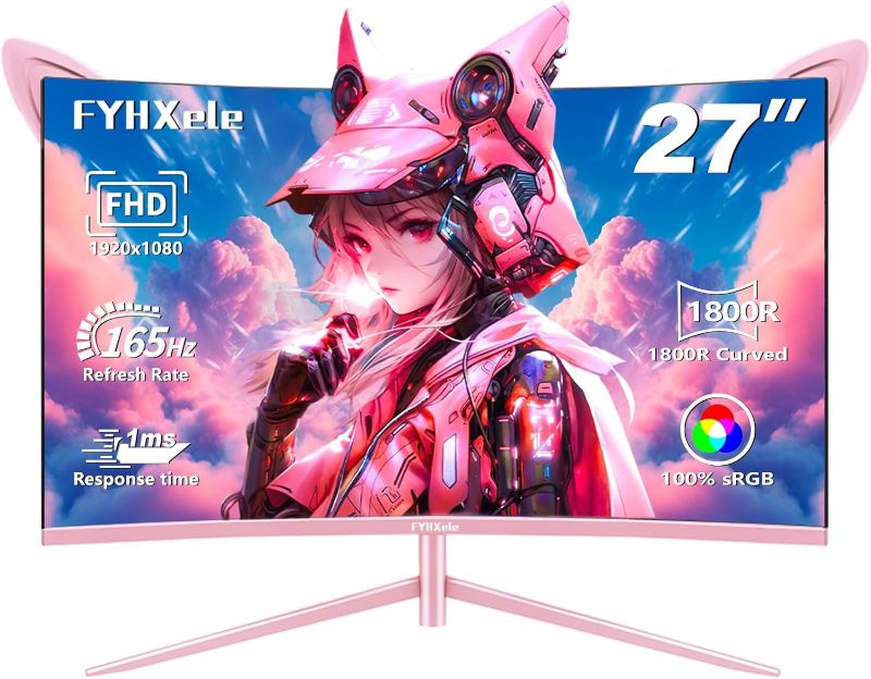 Photo 1 of ***FINAL SALE/NO RETURN, VIEW NOTES*** 27 inch Gaming Monitor, Pink 1800R Curved Monitor, FHD-1920X1080P, 165Hz, 1ms, Fast IPS, FreeSync Hdmi Monitor with Ultrathin, HDMI/DP/USB Vesa/Wall Mount Computer Monitor-Pink