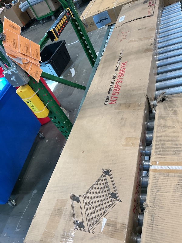 Photo 1 of ***PARTIAL SET*** ***BOX 1 OF 2 ONLY*** Merax King Size Bed Frame and Wood Headboard, Farmhouse White Platform Bed Frame with Sturdy Wooden Support Slats, No Box Spring Needed, Holds up to 800 Pounds, Noise-Free, Easy Assembly