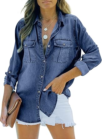 View 1 of **Similar denim shirt**
Womens Button Down Denim Shirt Long Sleeve Roll Up Casual Oversized Jean Shirt Jacket Distressed Tunic Tops, Large