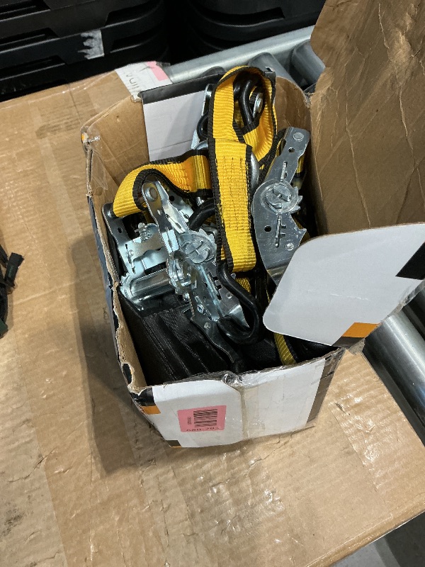 Photo 1 of ?XSTRAP STANDARD 4 Pack 1.5" x 16' Ratchet Straps - 1,100 lb Capacity, 3,300 lb Break Strength, Heavy Duty Double J-Hook Cargo Straps with Wide R-Angle & Padded Ergonomic Handle for Truck, Motorcycle