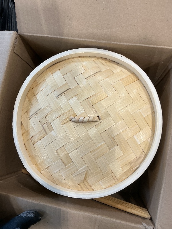 Photo 1 of *MINOR DAMAGE - USED*
Bamboo Steamer Basket, 8 Inch, 2 Tier with Lid, Dumpling Steamer with Paper & Silicone Liners, Cutter, Sauce Dish, Chopsticks, for Asian Food