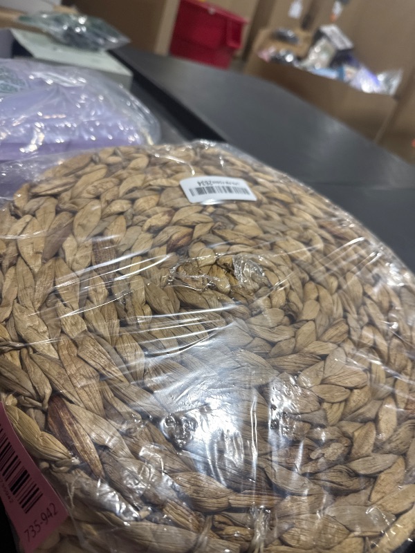 Photo 1 of 24 PCS Round Woven Placemats Set, 8 Boho Rattan Tablemats 13" Natural Water Hyacinth Farmhouse Place Mats with 8 Cotton Napkins, 8 Wooden Beads Napkin Ring for Kitchen Dining Table Decor