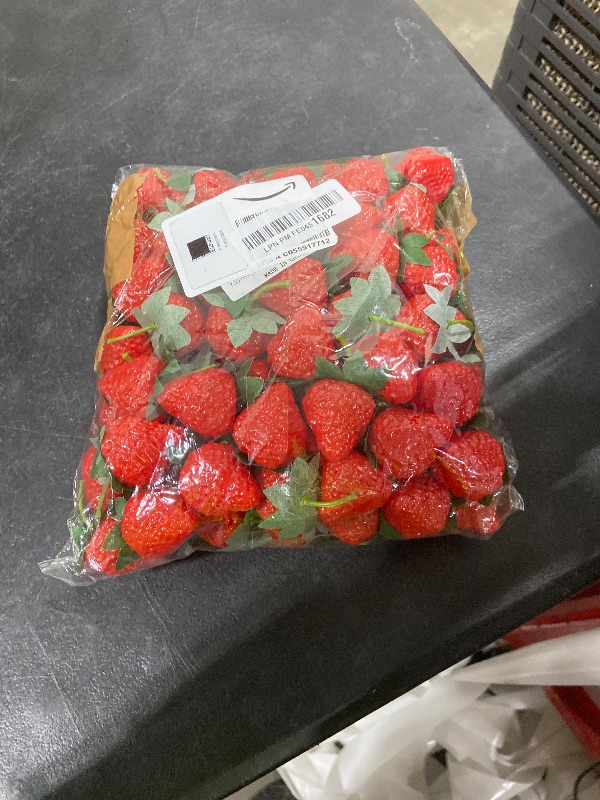 Photo 1 of 100 PCS 2.2 Inch Fake Strawberries, Artificial Red Strawberry Decor Realistic Fake Fruit Strawberries Lifelike Faux Strawberry Simulations for Photography Prop Kitchen Cabinet Party Cake Decoration