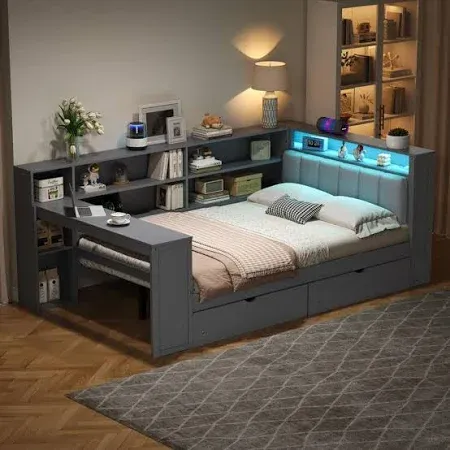 Photo 1 of **READ CLERK NOTES** Gray Wood Frame Full Platform Bed with Upholstered Headboard, Charging Station, LED, Storage Shelves, Drawers and Desk