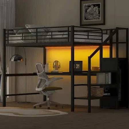 Photo 1 of **INCOMPLETE** Full Size Metal Loft Bed with Desk, Storage Staircase, Wardrobe, LED Light, 7-Colors
