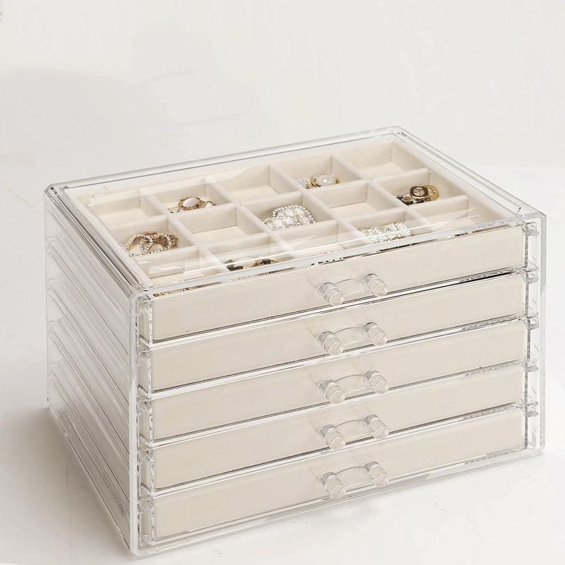 Photo 1 of ABOOFAN 5Drawers Jewelry Box with Stackable Acrylic Organizer for Earring Ring and Necklace Storage Modern Holder with High Transparency and Capacity Elegant Beige